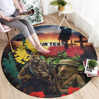 Kangaroo-Kiwi Soldier ANZAC Personalised Round Carpet Golden Wattle and Pohutukawa Flowers