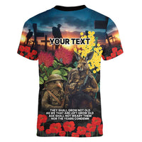 Kangaroo-Kiwi Soldier ANZAC Personalised Women V-Neck T-Shirt Golden Wattle and Pohutukawa Flowers