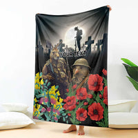 Kangaroo-Kiwi Soldier ANZAC Personalised Blanket Golden Wattle Poppy Flowers