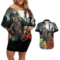 Kangaroo-Kiwi Soldier ANZAC Personalised Couples Matching Off Shoulder Short Dress and Hawaiian Shirt Golden Wattle Poppy Flowers