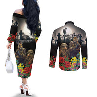 Kangaroo-Kiwi Soldier ANZAC Personalised Couples Matching Off The Shoulder Long Sleeve Dress and Long Sleeve Button Shirt Golden Wattle Poppy Flowers