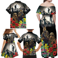 Kangaroo-Kiwi Soldier ANZAC Personalised Family Matching Off Shoulder Maxi Dress and Hawaiian Shirt Golden Wattle Poppy Flowers