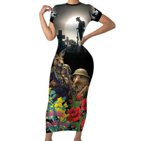 Kangaroo-Kiwi Soldier ANZAC Personalised Family Matching Short Sleeve Bodycon Dress and Hawaiian Shirt Golden Wattle Poppy Flowers