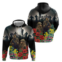Kangaroo-Kiwi Soldier ANZAC Personalised Hoodie Golden Wattle Poppy Flowers