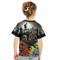Kangaroo-Kiwi Soldier ANZAC Personalised Kid T Shirt Golden Wattle Poppy Flowers