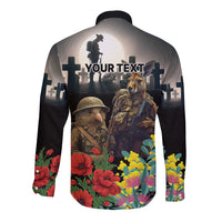 Kangaroo-Kiwi Soldier ANZAC Personalised Long Sleeve Button Shirt Golden Wattle Poppy Flowers