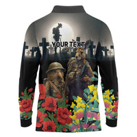Kangaroo-Kiwi Soldier ANZAC Personalised Long Sleeve Polo Shirt Golden Wattle Poppy Flowers