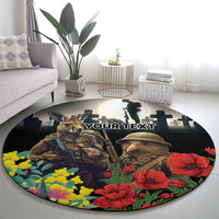 Kangaroo-Kiwi Soldier ANZAC Personalised Round Carpet Golden Wattle Poppy Flowers