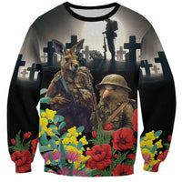 Kangaroo-Kiwi Soldier ANZAC Personalised Sweatshirt Golden Wattle Poppy Flowers