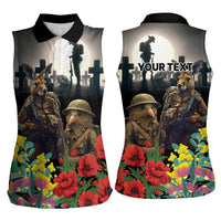 Kangaroo-Kiwi Soldier ANZAC Personalised Women Sleeveless Polo Shirt Golden Wattle Poppy Flowers