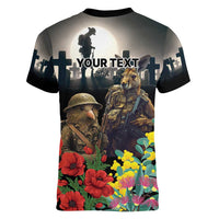 Kangaroo-Kiwi Soldier ANZAC Personalised Women V-Neck T-Shirt Golden Wattle Poppy Flowers