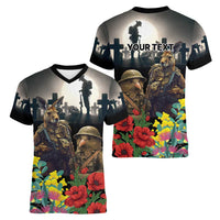 Kangaroo-Kiwi Soldier ANZAC Personalised Women V-Neck T-Shirt Golden Wattle Poppy Flowers