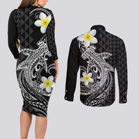 Aloha Hammerhead Shark Couples Matching Long Sleeve Bodycon Dress and Long Sleeve Button Shirt Black Hawaiian Kakau Tribal Tattoo