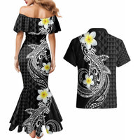 Aloha Hammerhead Shark Couples Matching Mermaid Dress and Hawaiian Shirt Black Hawaiian Kakau Tribal Tattoo
