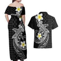 Aloha Hammerhead Shark Couples Matching Off Shoulder Maxi Dress and Hawaiian Shirt Black Hawaiian Kakau Tribal Tattoo