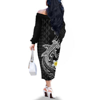 Aloha Hammerhead Shark Family Matching Off The Shoulder Long Sleeve Dress and Hawaiian Shirt Black Hawaiian Kakau Tribal Tattoo