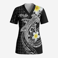 Aloha Hammerhead Shark Scrub Top Black Hawaiian Kakau Tribal Tattoo - Polynesian Pride