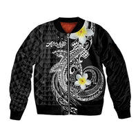 Aloha Hammerhead Shark Sleeve Zip Bomber Jacket Black Hawaiian Kakau Tribal Tattoo