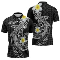 Aloha Hammerhead Shark Zipper Polo Shirt Black Hawaiian Kakau Tribal Tattoo - Polynesian Pride