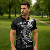 Aloha Hammerhead Shark Zipper Polo Shirt Black Hawaiian Kakau Tribal Tattoo - Polynesian Pride