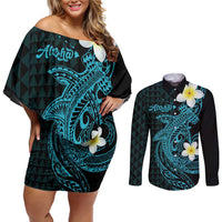 Aloha Hammerhead Shark Couples Matching Off Shoulder Short Dress and Long Sleeve Button Shirt Calypso Hawaiian Kakau Tribal Tattoo