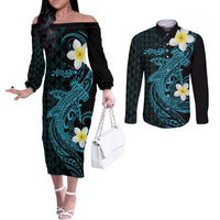 Aloha Hammerhead Shark Couples Matching Off The Shoulder Long Sleeve Dress and Long Sleeve Button Shirt Calypso Hawaiian Kakau Tribal Tattoo