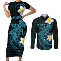 Aloha Hammerhead Shark Couples Matching Short Sleeve Bodycon Dress and Long Sleeve Button Shirt Calypso Hawaiian Kakau Tribal Tattoo