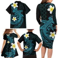 Aloha Hammerhead Shark Family Matching Long Sleeve Bodycon Dress and Hawaiian Shirt Calypso Hawaiian Kakau Tribal Tattoo