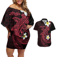 Aloha Hammerhead Shark Couples Matching Off Shoulder Short Dress and Hawaiian Shirt Feverish Pink Hawaiian Kakau Tribal Tattoo
