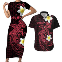 Aloha Hammerhead Shark Couples Matching Short Sleeve Bodycon Dress and Hawaiian Shirt Feverish Pink Hawaiian Kakau Tribal Tattoo