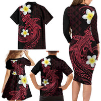 Aloha Hammerhead Shark Family Matching Long Sleeve Bodycon Dress and Hawaiian Shirt Feverish Pink Hawaiian Kakau Tribal Tattoo