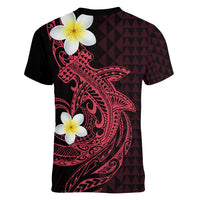 Aloha Hammerhead Shark Women V-Neck T-Shirt Feverish Pink Hawaiian Kakau Tribal Tattoo