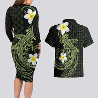 Aloha Hammerhead Shark Couples Matching Long Sleeve Bodycon Dress and Hawaiian Shirt Lime Rickey Hawaiian Kakau Tribal Tattoo