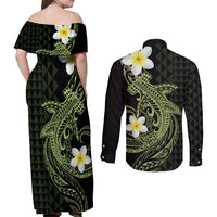 Aloha Hammerhead Shark Couples Matching Off Shoulder Maxi Dress and Long Sleeve Button Shirt Lime Rickey Hawaiian Kakau Tribal Tattoo
