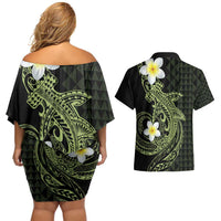 Aloha Hammerhead Shark Couples Matching Off Shoulder Short Dress and Hawaiian Shirt Lime Rickey Hawaiian Kakau Tribal Tattoo