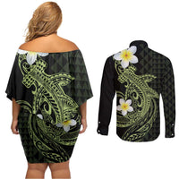Aloha Hammerhead Shark Couples Matching Off Shoulder Short Dress and Long Sleeve Button Shirt Lime Rickey Hawaiian Kakau Tribal Tattoo
