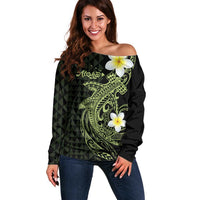 Aloha Hammerhead Shark Off Shoulder Sweater Lime Rickey Hawaiian Kakau Tribal Tattoo