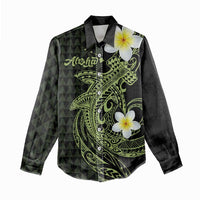Aloha Hammerhead Shark Women Casual Shirt Lime Rickey Hawaiian Kakau Tribal Tattoo