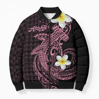 Aloha Hammerhead Shark Bomber Puffer Jacket Vivacious Pink Hawaiian Kakau Tribal Tattoo - Polynesian Pride