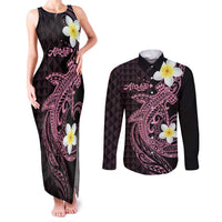 Aloha Hammerhead Shark Couples Matching Tank Maxi Dress and Long Sleeve Button Shirt Vivacious Pink Hawaiian Kakau Tribal Tattoo