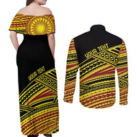 Personalised Tonga Ha apai High School Couples Matching Off Shoulder Maxi Dress and Long Sleeve Button Shirt Ngatu Fonulei Pattern