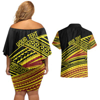 Personalised Tonga Ha apai High School Couples Matching Off Shoulder Short Dress and Hawaiian Shirt Ngatu Fonulei Pattern