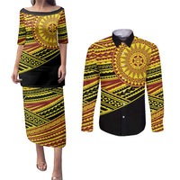 Personalised Tonga Ha apai High School Couples Matching Puletasi and Long Sleeve Button Shirt Ngatu Fonulei Pattern