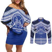 Personalised Tonga Taufa'ahau Pilolevu College Couples Matching Off Shoulder Short Dress and Long Sleeve Button Shirt Polynesian Ngatu Tribal