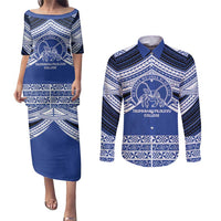 Personalised Tonga Taufa'ahau Pilolevu College Couples Matching Puletasi and Long Sleeve Button Shirt Polynesian Ngatu Tribal