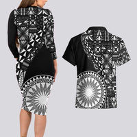 Black Tongan Ngatu Fonulei Pattern Couples Matching Long Sleeve Bodycon Dress and Hawaiian Shirt