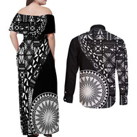 Black Tongan Ngatu Fonulei Pattern Couples Matching Off Shoulder Maxi Dress and Long Sleeve Button Shirt