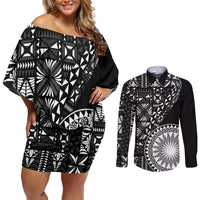 Black Tongan Ngatu Fonulei Pattern Couples Matching Off Shoulder Short Dress and Long Sleeve Button Shirt