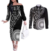 Black Tongan Ngatu Fonulei Pattern Couples Matching Off The Shoulder Long Sleeve Dress and Long Sleeve Button Shirt
