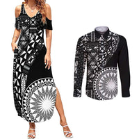 Black Tongan Ngatu Fonulei Pattern Couples Matching Summer Maxi Dress and Long Sleeve Button Shirt